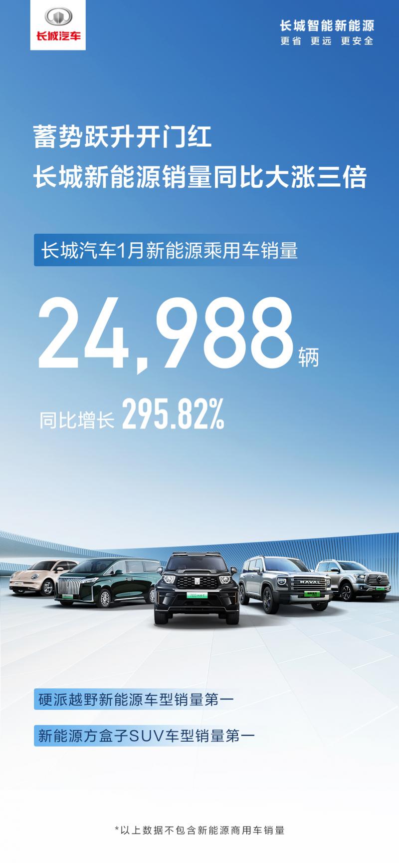 长城汽车2024年1月新能源乘用车销售近2.5万辆，同比大涨近300%